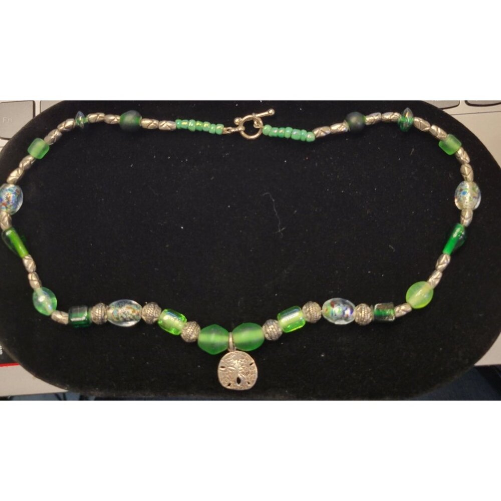 Art Glass Beaded Necklace Silvertone Spacers 18"